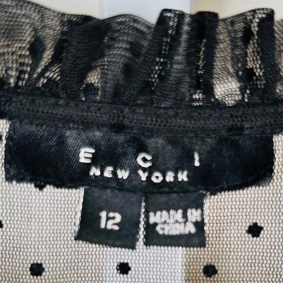 ECI New York Size 12 Polka Dot Sheer Blouse Top Puff Sleeve Office Brunch - Picture 7 of 9